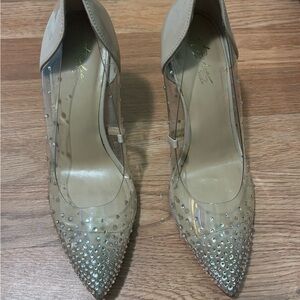 Thalia Sodi Clear and Tan Embellished Heels